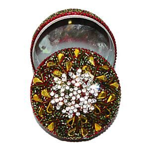 Handcrafted Beaded Rhinestone Jeweled Trinket Jewelry Pill Box 2.5" Round Boho